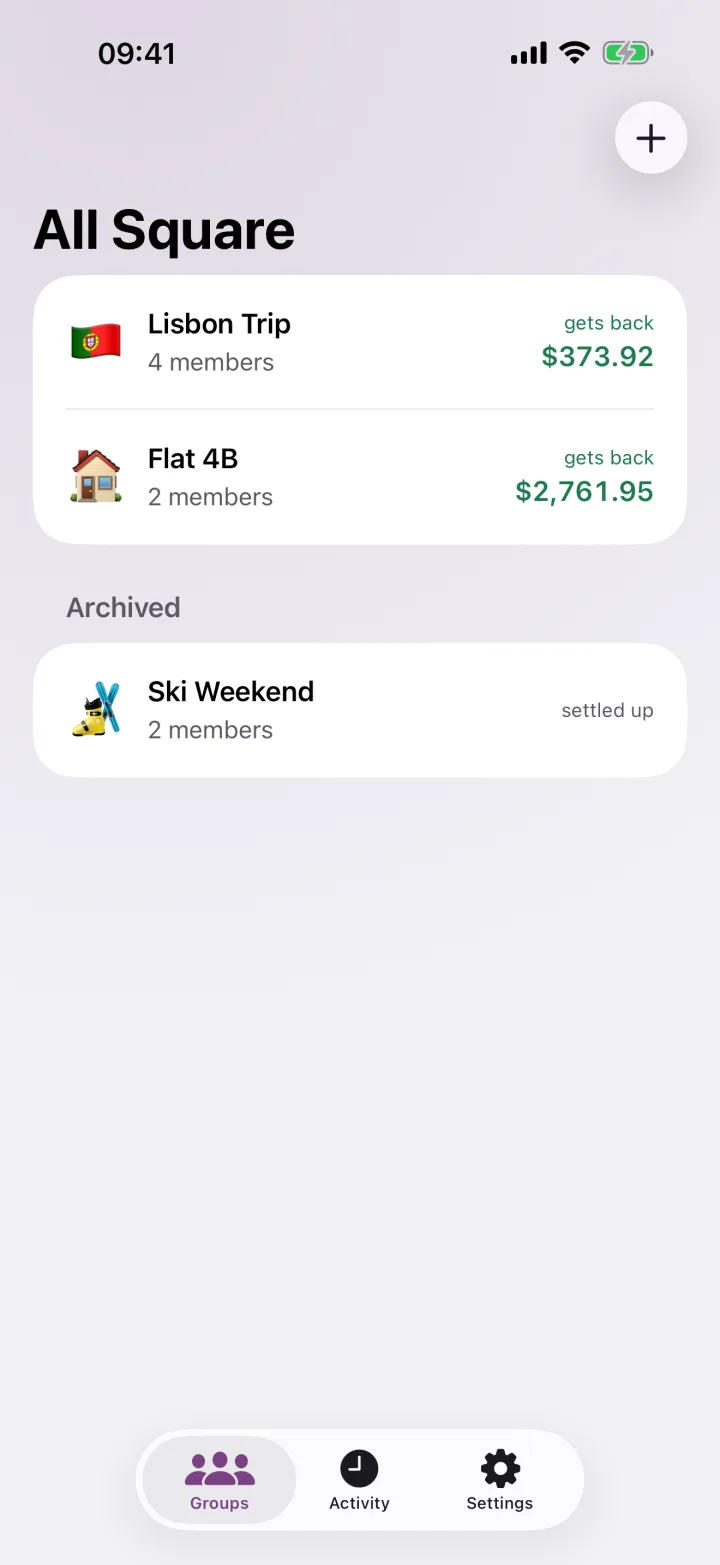 All Square on iPhone: the groups list with Lisbon Trip and Flat 4B
