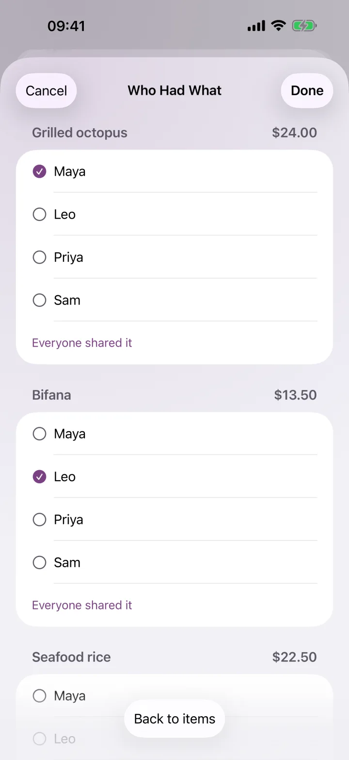 The Time Out Market receipt split item by item in All Square on iPhone