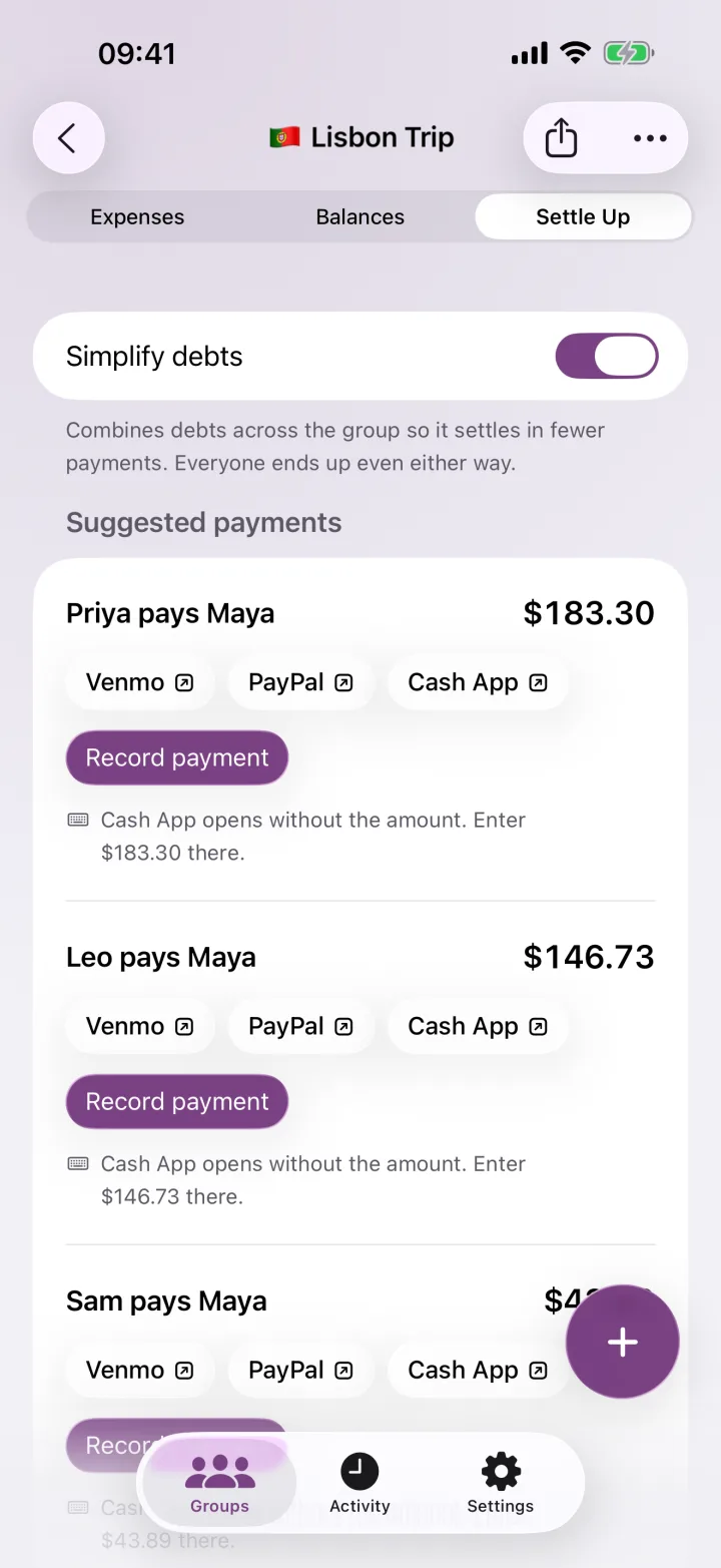 Settle Up with three suggested payments in All Square on iPhone