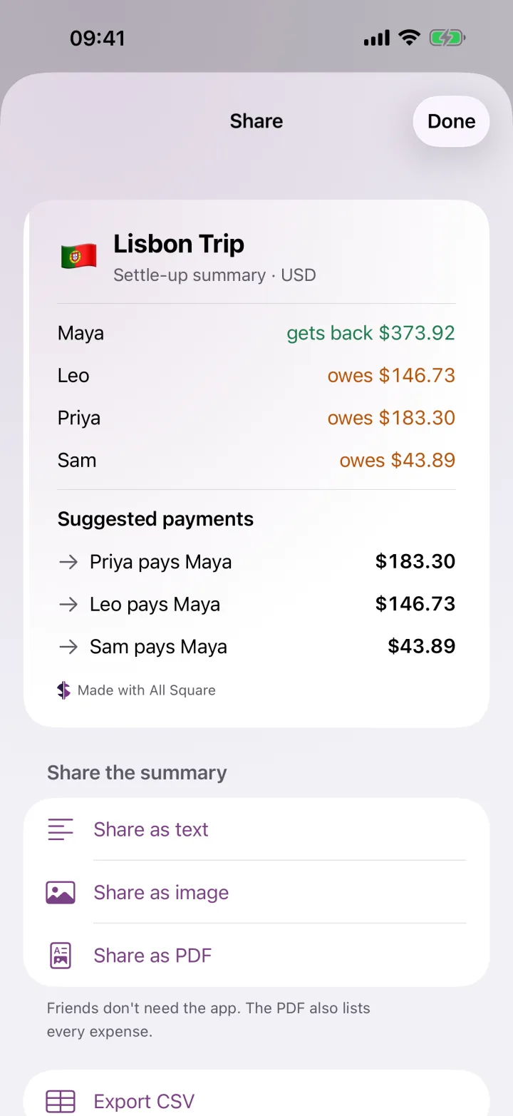 The share sheet with the Lisbon Trip summary in All Square on iPhone