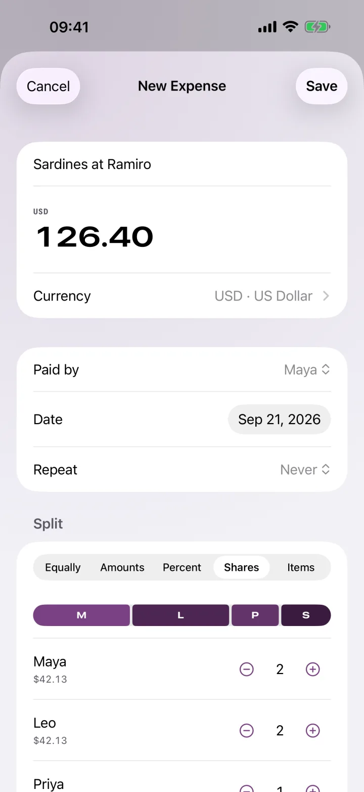 Sardines at Ramiro, $126.40 split by shares in All Square on iPhone