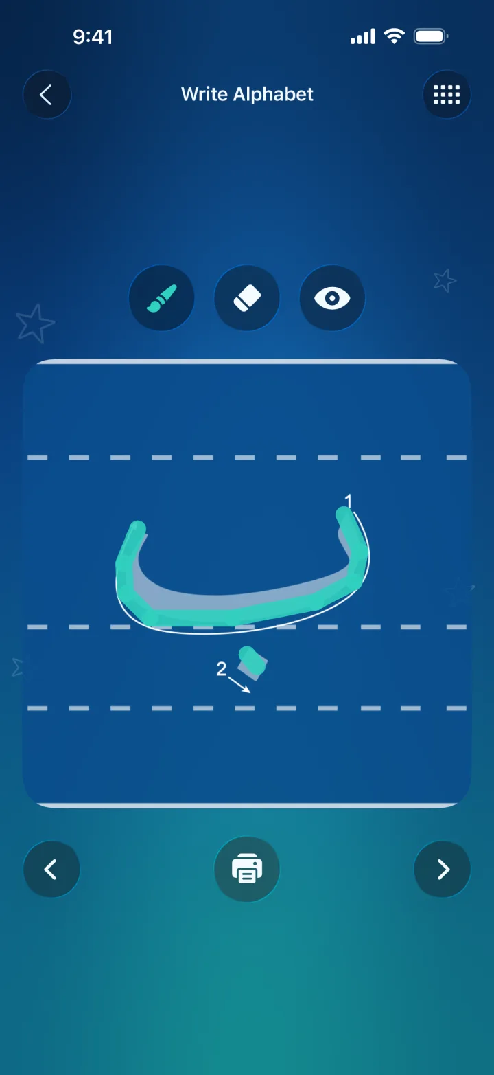 Tracing the letter baa in Arabic Alphabet on iPhone