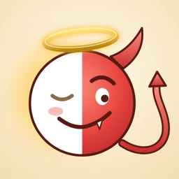 Dirty Minds app icon: a grinning devil wearing a gold halo