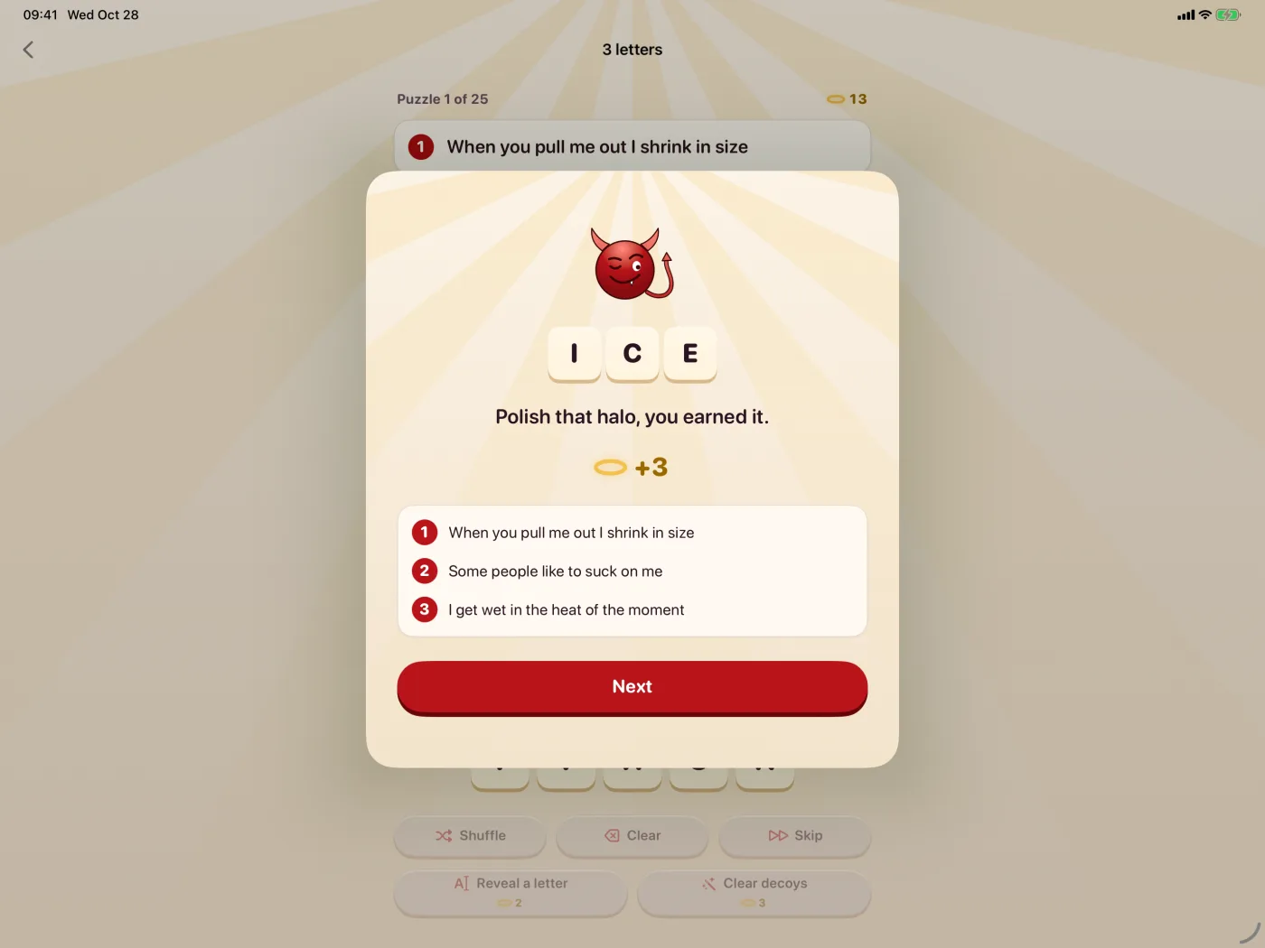 Dirty Minds on iPad in landscape: the solve screen for Ice