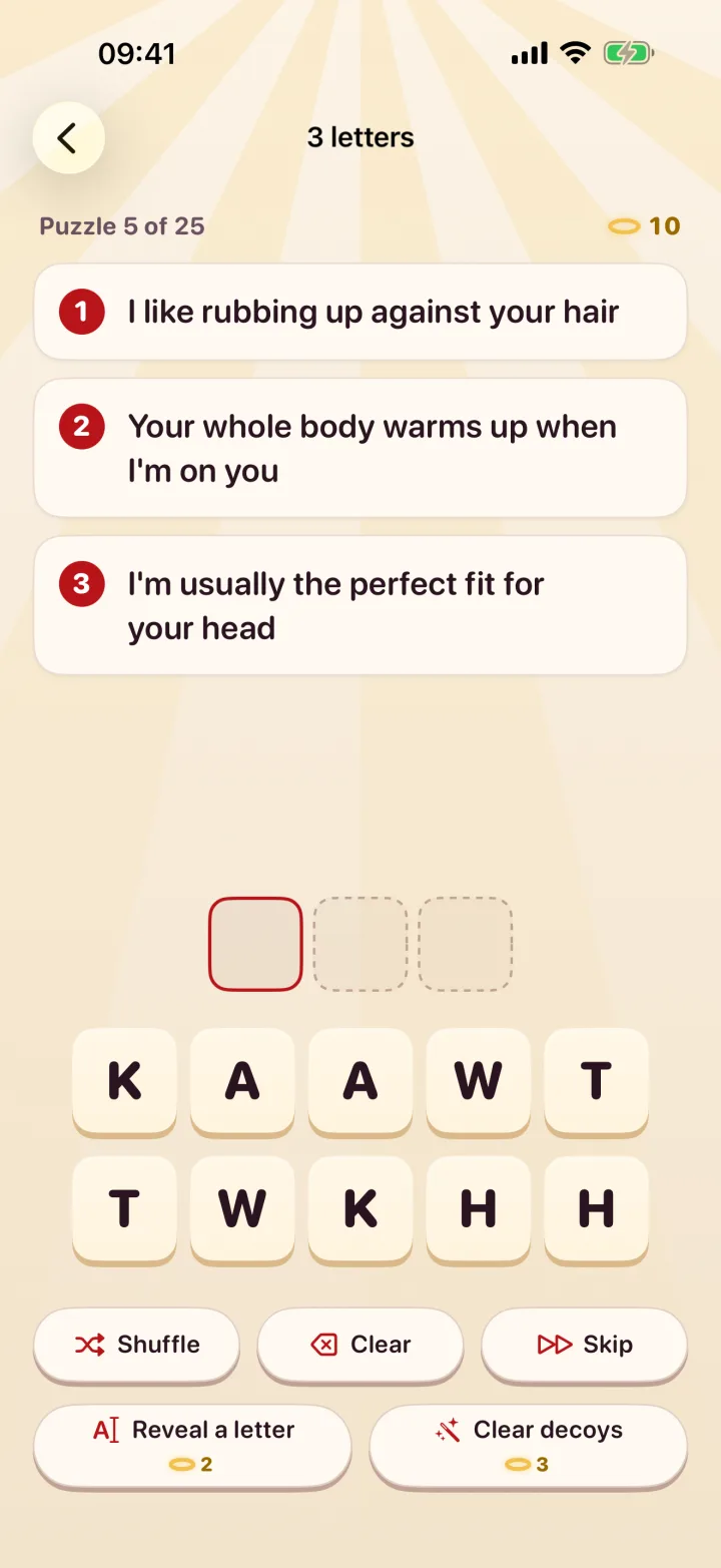 Letter tiles being placed in the answer slots of a Dirty Minds riddle