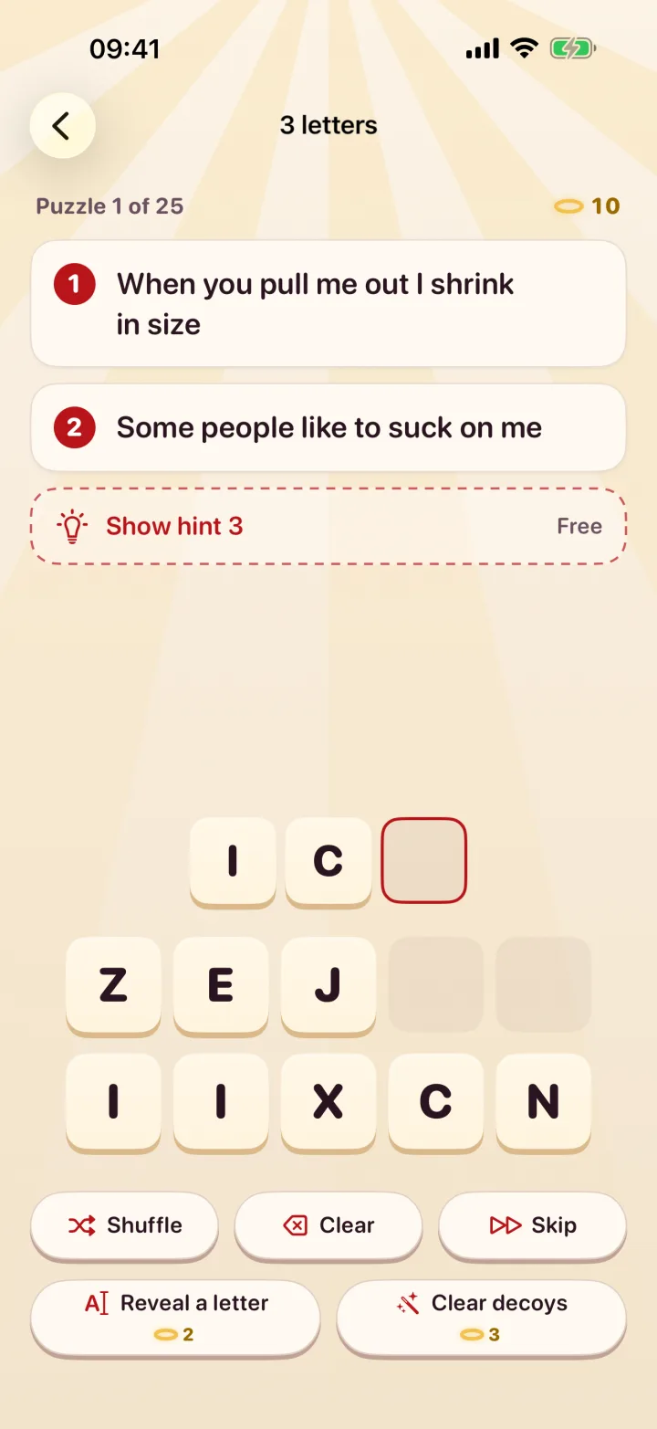 Dirty Minds on iPhone: a riddle with its hints and letter tiles