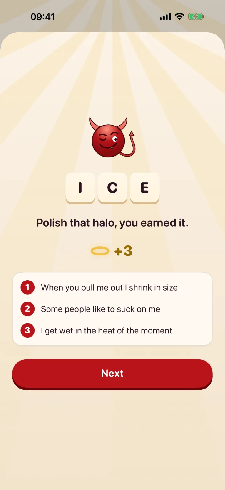 The Dirty Minds solve screen: the answer Ice, its three hints and the halos earned