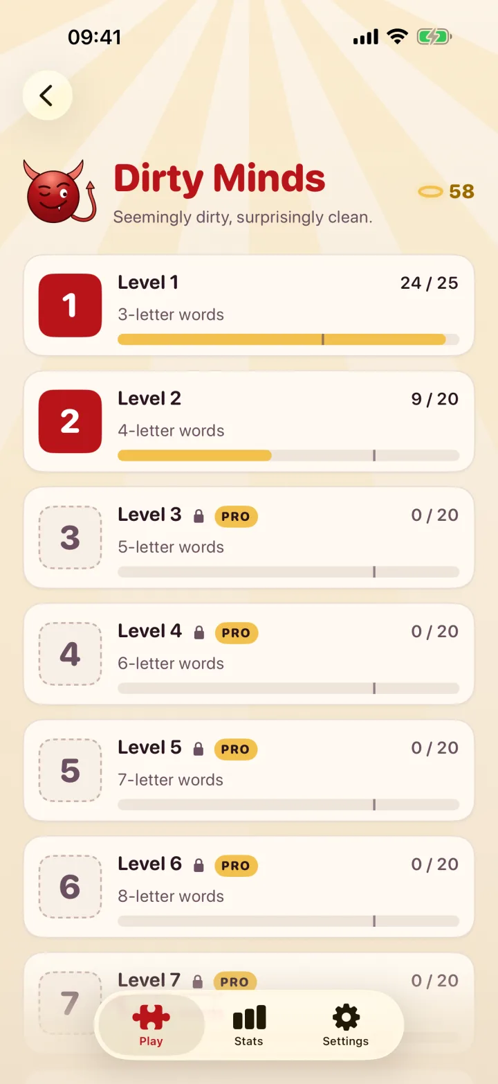 The Dirty Minds level list with word lengths, solved counts and locks