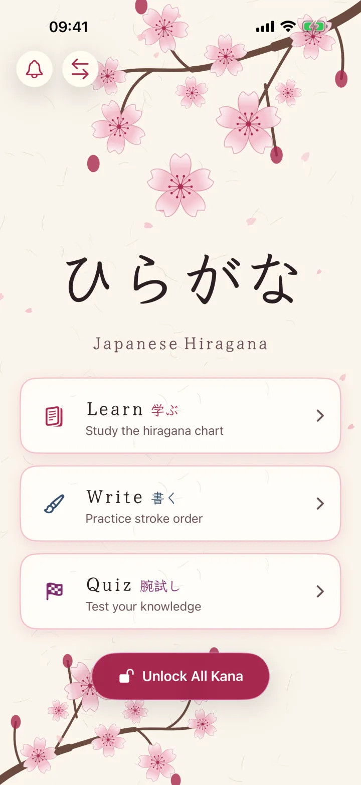 Japanese Hiragana on iPhone: Home with Learn, Write and Quiz