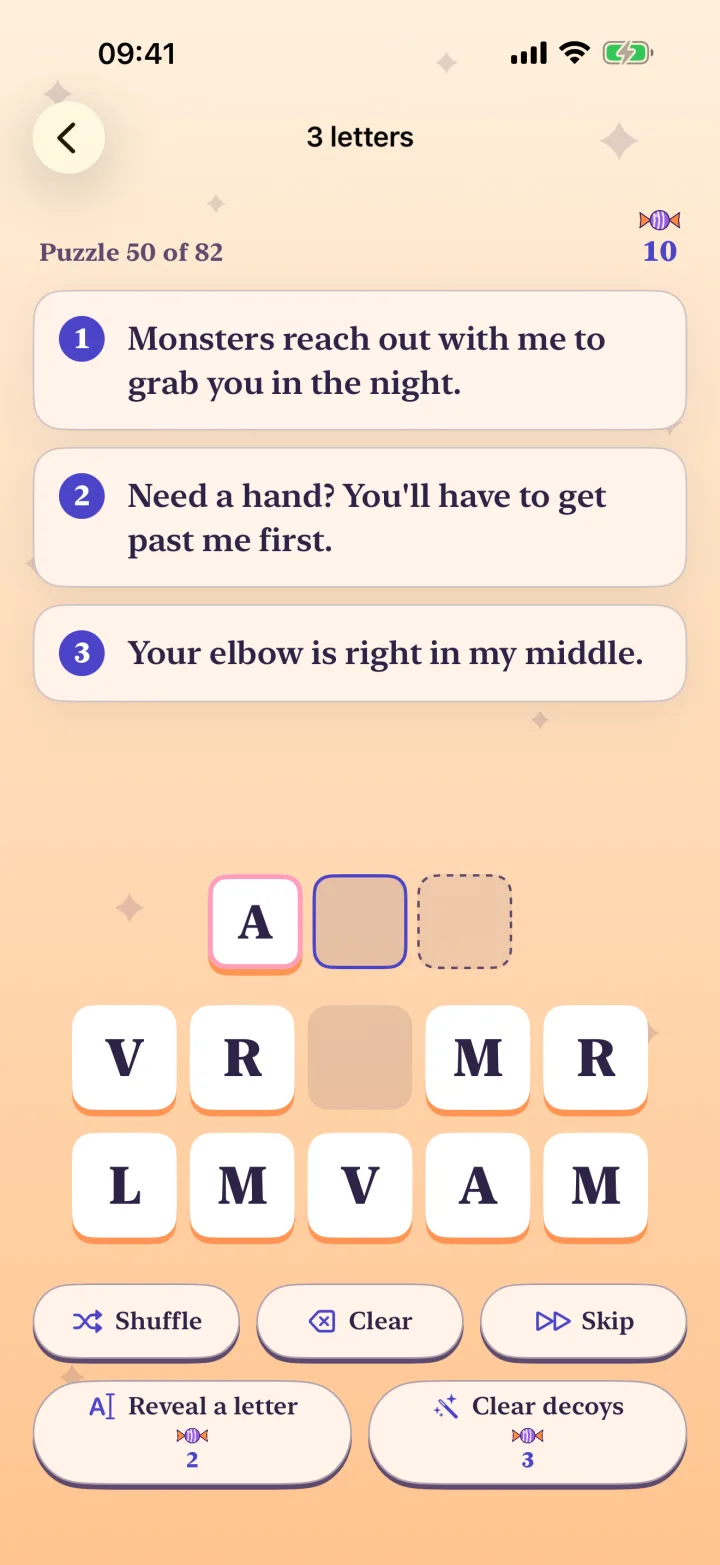A Scary Minds riddle with a letter revealed by spending candies