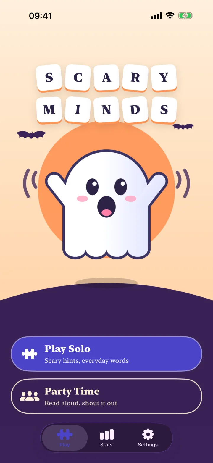 The Scary Minds Home Screen on iPhone: the ghost, with Play Solo and Party Time
