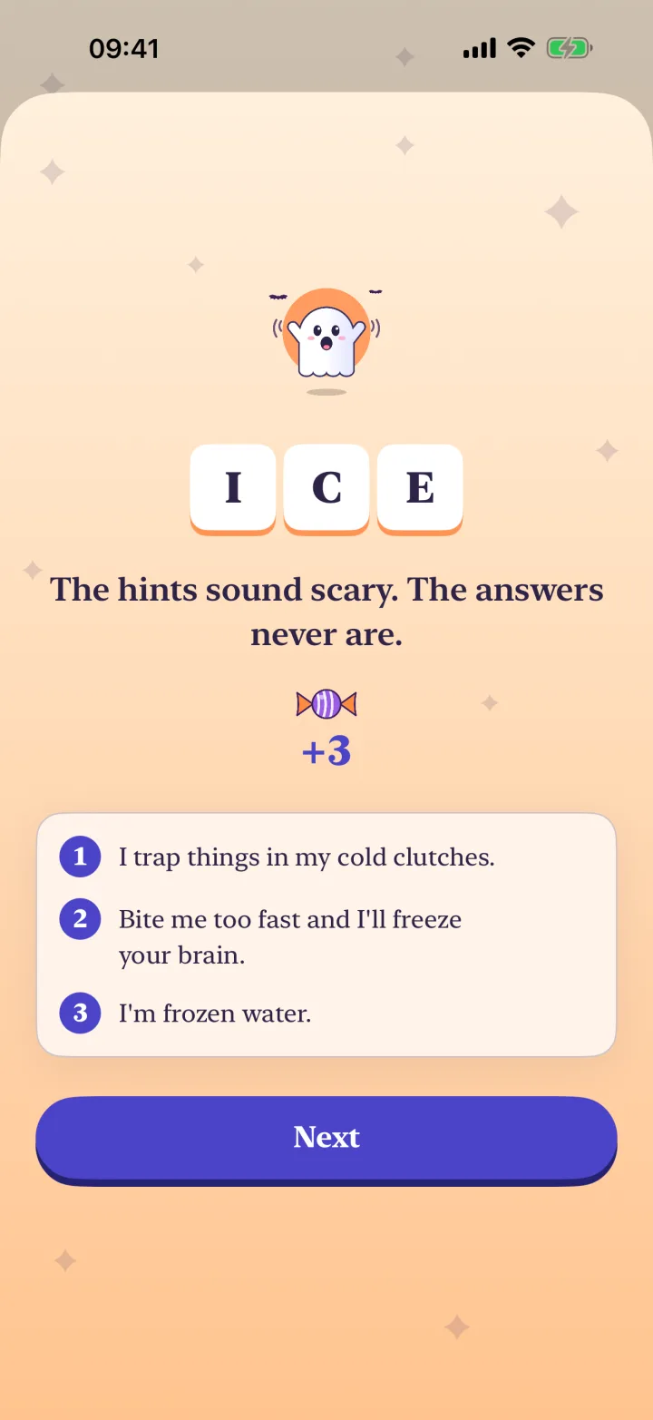 The Scary Minds solve screen: the answer Ice, its three hints and the candies earned