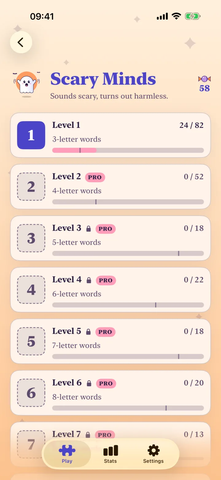 The Scary Minds level list with word lengths, solved counts and locks