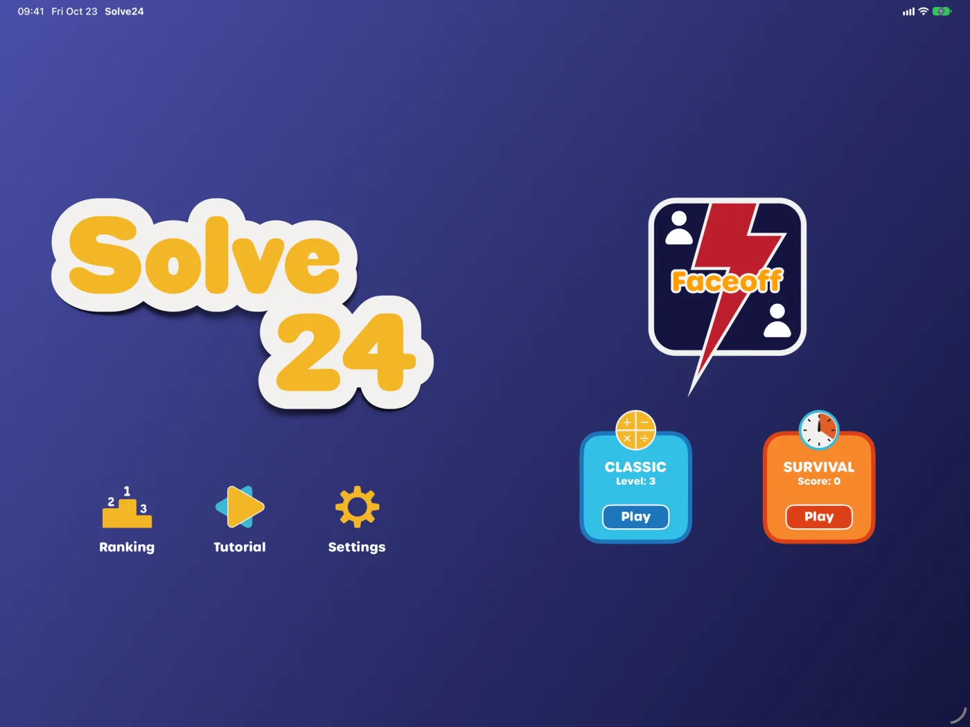 Solve 24 on iPad in landscape: Home with Classic, Survival and Faceoff