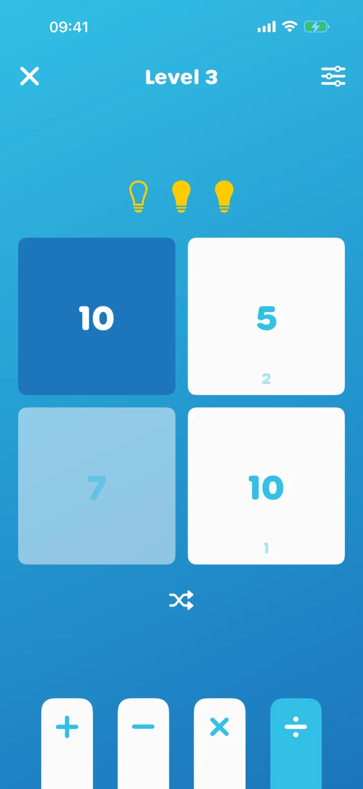 Level 3 in Solve 24 with 10 and divide picked, and the previews under the other cards