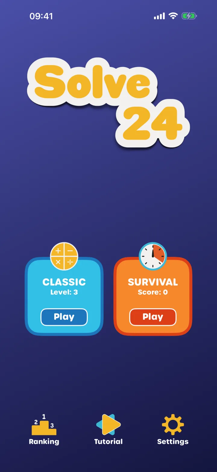 Solve 24 on iPhone: the Home screen with Classic and Survival