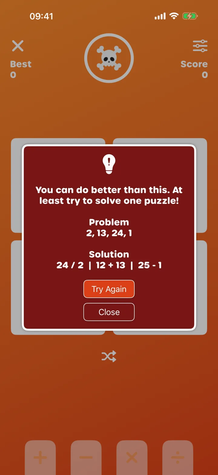 Survival in Solve 24 when time runs out, with the puzzle 2, 13, 24, 1 and its solution